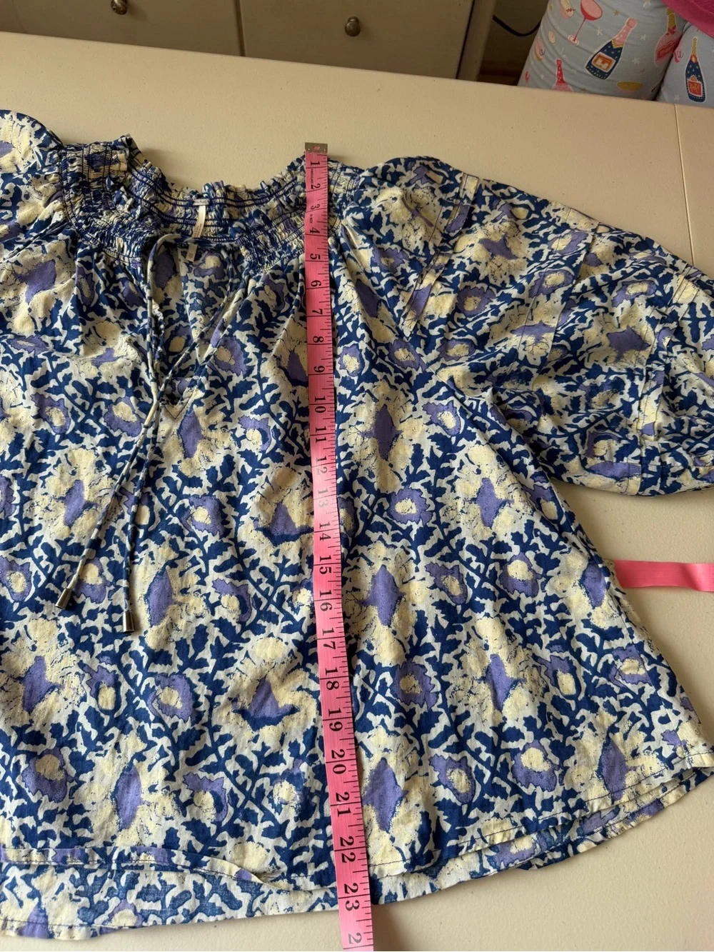 Free People Cotton Willow Printed Boho Blouse Smock-Neck Short Puff Sleeve
